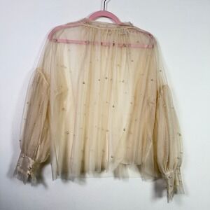 ULTRA PINK Cream Faux Pearl Embellished Sheer Mesh Tulle Blouse XL